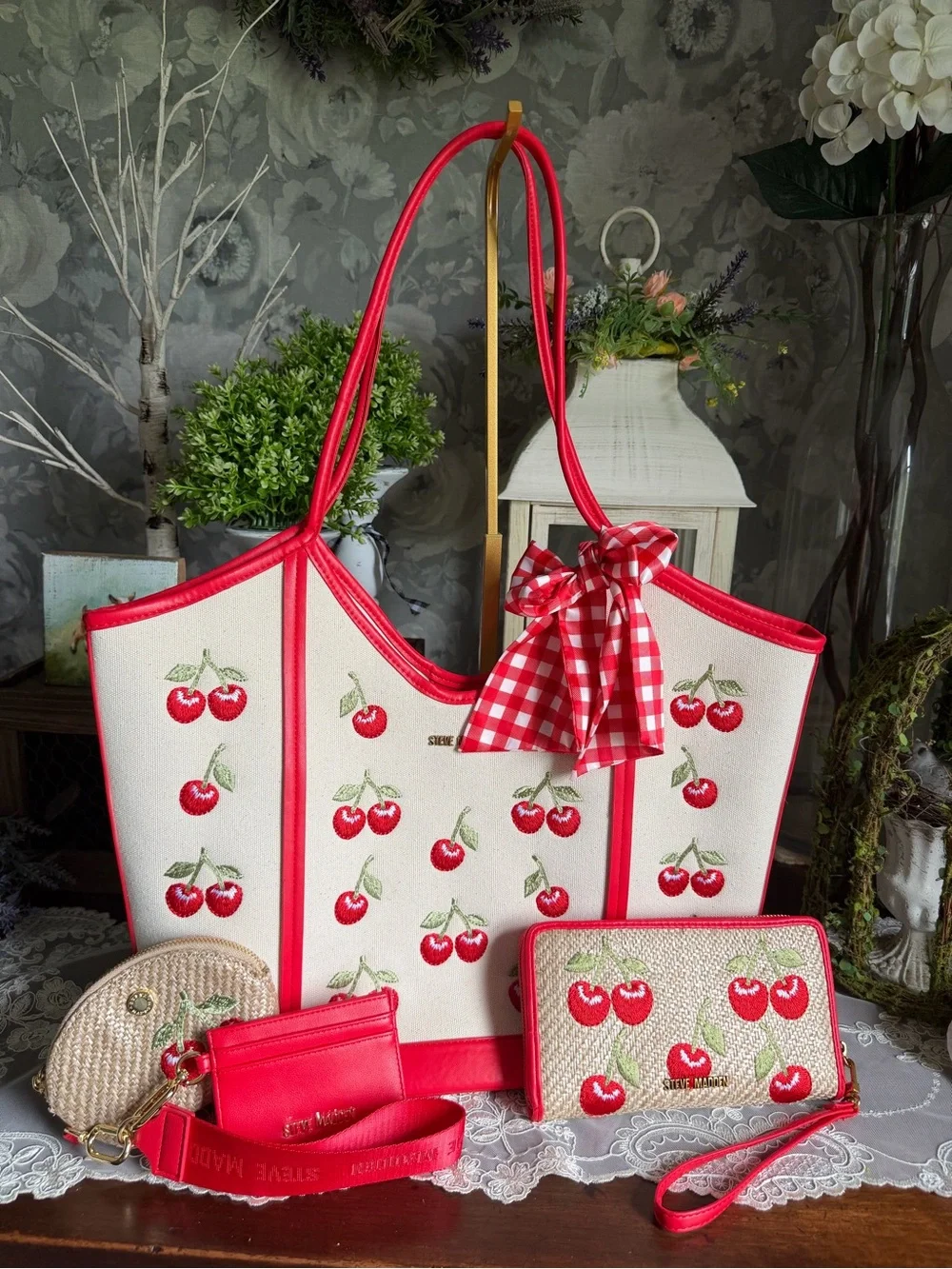 NWOT Steve Madden White & Red Cherry Embroidered Tote with Matching Wallet Set